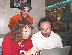 Sj, Anthere, and Jimbo in New York, December 2004