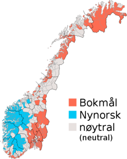 Die taalvoorkeure van Noorse munisipaliteite: Bokmål, Nynorsk of Nøytral. Die laasgenoemde groep gebruik in die praktyk dikwels Bokmål