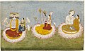 Brahma, Vishnu en Shiva zitten samen met hun respectievelijke partner Sarasvati, Lakshmi en Parvati elk op een lotusbloem, ca. 1770