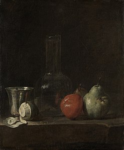 Jean-Baptiste-Siméon Chardin Lukisan Jamban Gelas dan Buah (Stilleben mit Glasflasche und Früchten), 1750