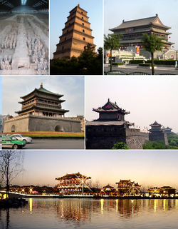 Dari atas: Tembok kota Xi'an, Taman Xingqinggong, Drum Tower of Xi'an, Masjid Raya Xi'an, Southeast city corner, Giant Wild Goose Pagoda, Jalan Nan'erhuan