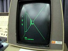 Computer monitor showing a green vector view of a maze