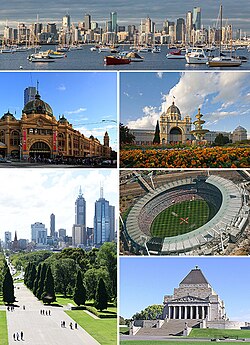 Vasemmalta oikealle, ylhäältä alas: 1) Melbournen keskusta, 2) Flinders Street Station, 3) Shine of Remembrance, 4) Federation Square, 5) Melbourne Cricket Ground ja 6) Royal Exhibition Building.