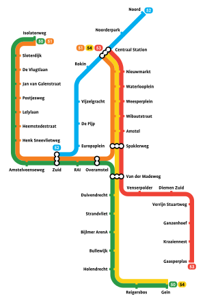 Схема лініяў Амстэрдамскага мэтрапалітэну