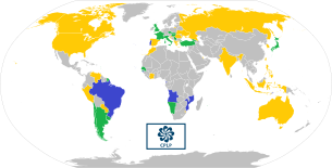 Map of CPLP member states (blue), associate observers (green), and officially-interested countries & territories (gold).