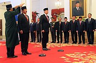 Pelantikan Menkopolhukam Hadi Tjahjanto dan Menteri ATR/Kepala BPN Agus Harimurti Yudhoyono pada 21 Februari 2024.