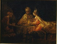 Queen Esther, the king, and Haman together at a banquet the queen has prepared.