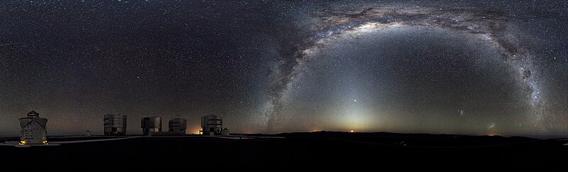 The Milky Way arches across this 360-degree panorama of the night sky above the Paranal Observatory, home of ESO’s Very Large Telescope. The Moon is just rising and the zodiacal light shines above it, while the Milky Way stretches across the sky opposite the observatory. To the right in the image and below the arc of the Milky Way, two of our galactic neighbours, the Small and Large Magellanic Clouds, can be seen. The open telescope domes of the world’s most advanced ground-based astronomical observatory are all visible in the image: the four smaller 1.8-metre Auxiliary Telescopes that can be used together in the interferometric mode, and the four giant 8.2-metre Unit Telescopes. The image was made from 37 individual frames with a total exposure time of about 30 minutes, taken in the early morning hours.