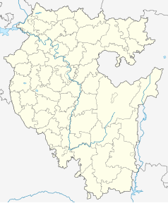 Mapa konturowa Baszkortostanu, u góry znajduje się punkt z opisem „Bajkibaszewo”