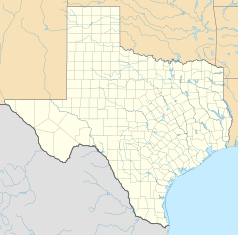 Mapa konturowa Teksasu, po prawej nieco u góry znajduje się punkt z opisem „Dallas–Fort Worth”