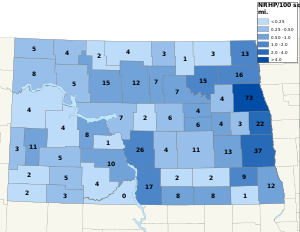 Distribuição de NRHPs nos condados da Dakota do Norte.