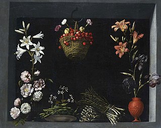 Still Life with Flowers, Vegetables and a Basket of Cherries, c. 1600, 89 × 109 cm, private collection of David David-Weill's family.