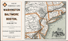 An advertisement with a map of the northeastern and mid-Atlantic states centered on New York City. A rail route is marked through Boston, Northampton, Boston Corners, Poughkeepsie, Maybrook, Easton, Philadelphia, Baltimore, and Washington.