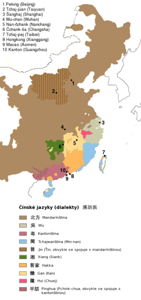 Čínské jazyky na mapě Číny, hakka oranžově