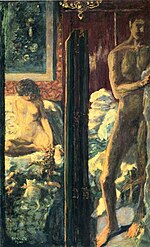 Tableau représentant à gauche d'un paravent replié une femme nue sur un lit avec des chatons, et à droite un homme nu debout.