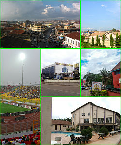Top: نمای دید پرنده of ناحیه تجاری مرکزی (CBD) in Kumasi and Private Housing Estates in Kumasi, Bottom left: Kumasi Sports Stadium, Bottom: Ghana Commercial Bank (GBC) ساختمان in Kumasi, Ghana Armed Forces (GFA) موزه in Kumasi and Luxury Real Estates in Kumasi.
