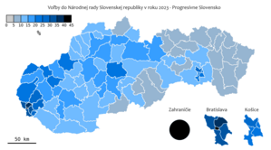 Mapa výsledkov strany Progresívne Slovensko