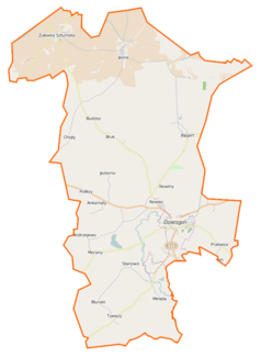 Mapa konturowa gminy Dzierzgoń, blisko centrum po prawej na dole znajduje się punkt z opisem „Dzierzgoń”