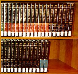 33 books of the [[Encyclopædia Britannica]] in two rows in a bookshelf.