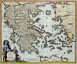 This map of the island Crete before the coast of Greece was published after 1681 by Nicolaes Visscher II (1649-1702). Visscher based this map on a map by the Danish cartographer Johann Lauremberg (1590-1658)