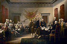 Declaration of Independence karya John Trumbull, 1776. Dengan kehendak rakyat, Tiga Belas Koloni merdeka dari Kerajaan Inggris.