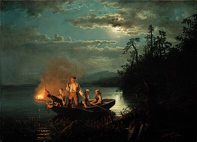 Fiskere i havsnød, Hans Gude and Adolph Tidemand (Fishing with a harpoon. 1851)