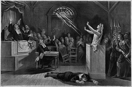 Joseph E. Baker tarafından 1892 yılında yapılan bu litografi; Salem cadı mahkemelerinin hayali bir temsilini konu almaktadır. Sanatçı resimlerindeki orijinal altyazılarında eserlerini numaralandırmış ve bu eserine "Cadı No:1" (The witch no. 1) adını vermiştir. (Üreten: Joseph E. Baker)
