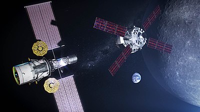 Оріон (справа) наближається до ЕРМ із приєднаним до нього пілотованим посадковим модулем (художнє зображення)
