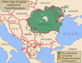Mapo de la Balkana Duoninsulo kun emfazo de regionoj loĝataj de rumanoj
