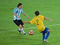 Argentina v. Brazil, 2008 Summer Olympics, Lionel Messi on the ball.