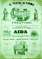 Plakát uvedení Verdiho Aidy v Parmě v roce 1872