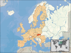 Location of  Slovakia  (orange) – on the European continent  (camel & white) – in the European Union  (camel)                  [Legend]