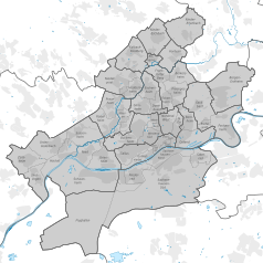 Mapa konturowa Frankfurtu nad Menem, w centrum znajduje się punkt z opisem „Messeturm”