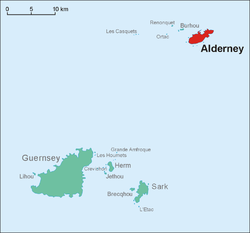 Location of Alderney (red) in relation to گرنزی.