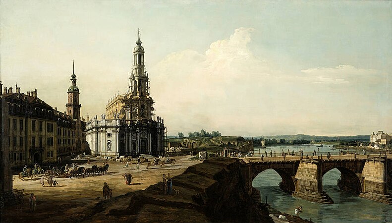 Bernardo Bellotto (1722–1780): Dresden vom linken Elbufer oberhalb des Altstädter Brückenkopfs (1748). Hier traf die Festung Dresden direkt auf die Augustusbrücke. Eine Verbindung zum Elbufer bestand noch nicht.