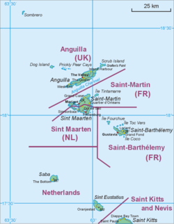 Bản đồ cho thấy vị trí của Saba gần với Sint Eustatius và Saint Martin.