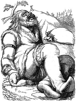 Thor püüab tappa magavat hiidu Skrýmirit (autor Ludwig von Maydell, 1842)