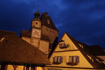 The Markus Tower in Rothenburg ob der Tauber at night.