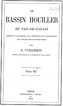 Couverture en noir et blanc du troisième tome de l'ouvrage Le Bassin Houiller du Pas-de-Calais, écrit par Émile Vuillemin en 1883.