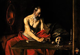 Personnage vu à mi-cuisse en train d'écrire sur une table et dont le corps subit une rotation identique à celle de Saint Jean Baptiste.