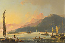 Peinture de navires et de pirogues dans une baie entourée de hautes montagnes.