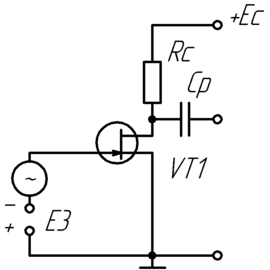 Схема приєднання польового транзистора з керувальним p-n-переходом із загальним витоком.