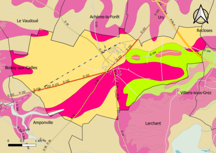 Carte montrant en couleurs le zonage géologique simplifié d'une commune