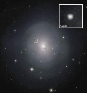 楕円銀河NGC 4993と、連星中性子星合体によって生じたキロノヴァ（枠内）。このイベントで生じた重力波GW170817が重力波検出器LIGOやVirgoで観測され、ガンマ線から電波までのあらゆる電磁波の波長で追観測がなされた。