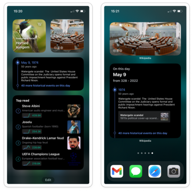 Two screenshots of an iOS device. The left is the Today screen, full of 4 Wikipedia widgets. The right shows the home screen, with 2 Wikipedia widgets.