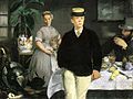 『アトリエでの昼食（英語版）』1868年。油彩、キャンバス、118 × 153.9 cm。ノイエ・ピナコテーク。1869年サロン入選[90]。