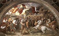 Raffaello: Nagy Leó és Attila találkozása I. Leót ábrázolja, amint Szent Péterrel és Szent Pállal a feje felett megy, hogy Attilával találkozzon