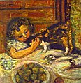 Peinture en couleur figurant une enfant assise à table s'occupant d'un chat.