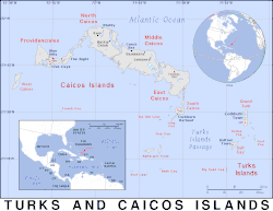 Location of  Turks and Caicos Islands  (circled in red) in the Caribbean  (light yellow)