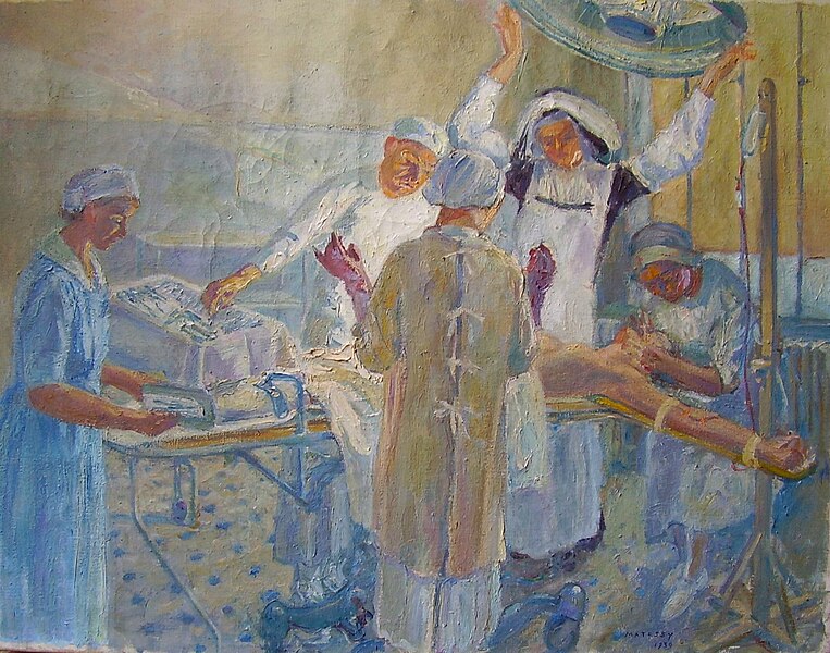 File:Pierre Matossy, Marcel Barret opérant à la clinique Sainte-Marthe à Angoulème, huile sur toile, 83 x 108 cm, 1939.jpg